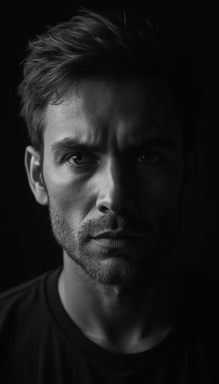 Actor headshot of a man with dramatic lighting highlighting facial features