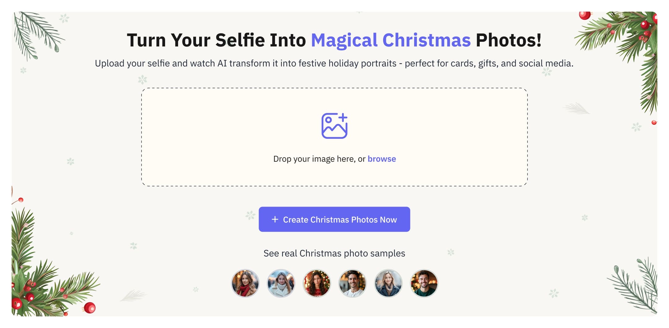Turn Your Selfie Into Magical Christmas Photos - Upload your selfie and our AI creates festive holiday portraits instantly