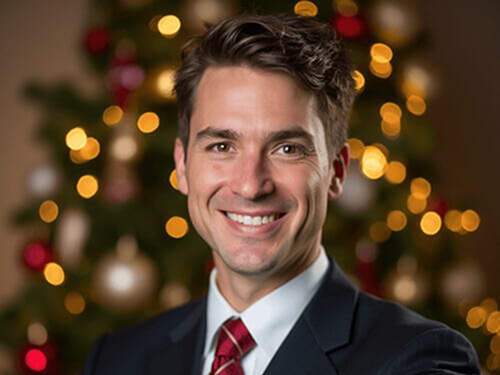 AI-generated Christmas photo of a man in suit with red tie smiling in front of Christmas tree with bokeh lights.