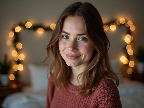 AI-generated Christmas photo of a woman smiling with heart-shaped bokeh lights in background.