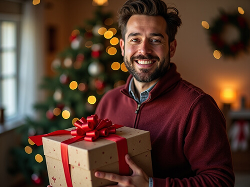 AI-generated Christmas photo of a man in burgundy sweater holding a wrapped gift with Christmas tree behind.