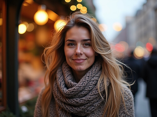 AI-generated Christmas photo of a woman with blonde hair wearing a cozy knit scarf at a festive Christmas market.