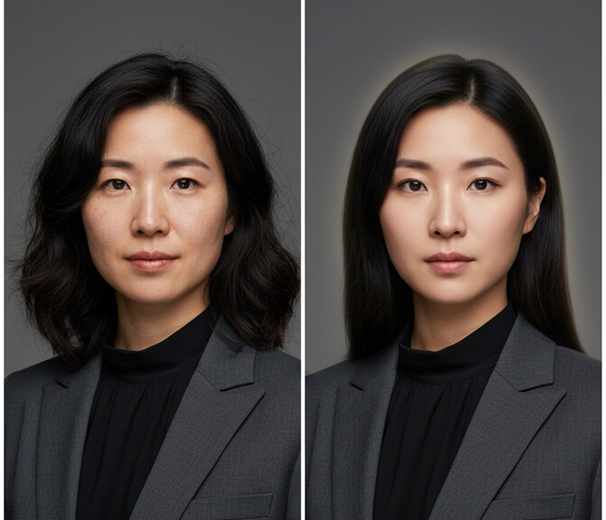 AI headshot showing unnatural hair edges and halo effect