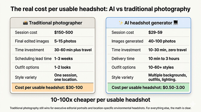 Cost comparison between AI headshot generators and traditional photography sessions