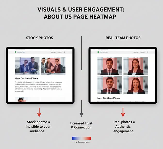 stock photos vs real team photos on B2B about us page