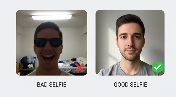 Comparison of bad vs good selfie photos for AI headshot generation