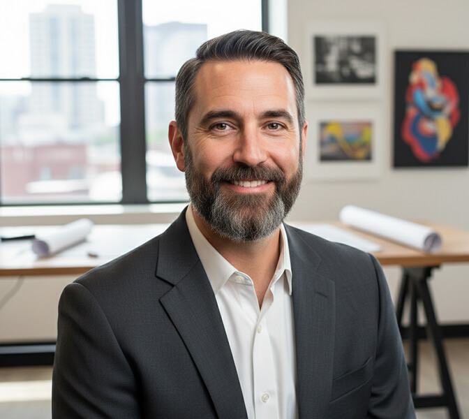 Professional headshot of man with a Balbo beard style showing disconnected mustache and chin beard without sideburns