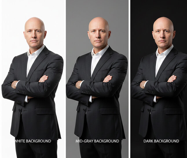 Comparison of different background colors for bald head professional photos showing light vs dark backdrop options