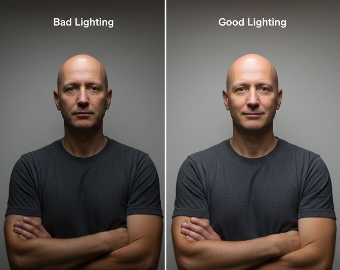 Comparison of bad lighting vs good lighting for bald head professional photos showing hot spots and proper soft lighting