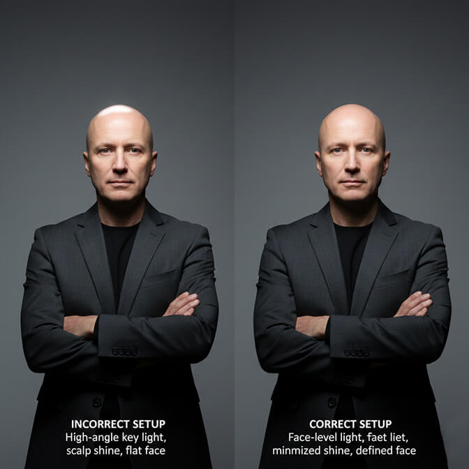 Incorrect vs correct key light positioning for bald head photography showing how lower light reduces glare