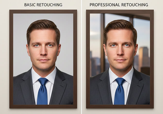 Comparison of basic vs professional retouching showing the difference in headshot quality at different price points