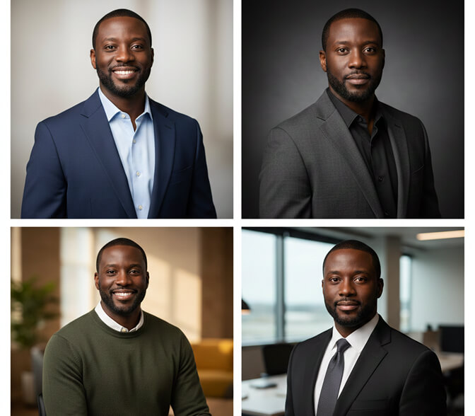 AI-generated professional headshot examples for Black men showing accurate skin tone representation