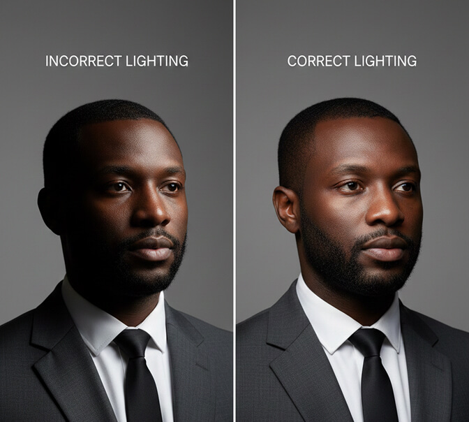 Proper lighting setup comparison for professional headshots of Black men