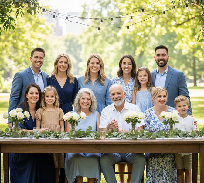Large family photo featuring blues and warm neutrals color scheme with family dressed in navy, dusty blue, light blue, cream, and tan