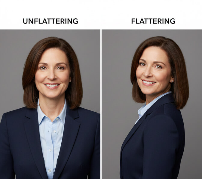 Turning the body 45 degrees to create jawline definition in a headshot