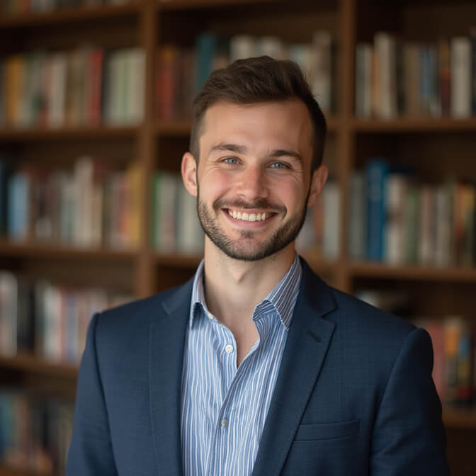 professional headshot on a bookshelf background