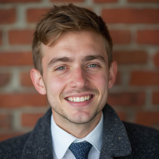 professional headshot on a brick wall background