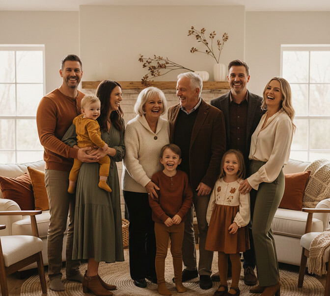 Large family photo featuring burnt orange, olive, and cream color scheme with family dressed in burnt orange, rust, olive, cream, and mustard tones