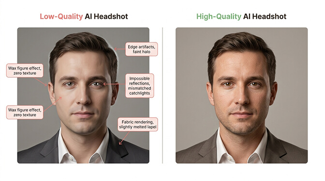 Side by side comparison of low quality AI headshot with smooth skin and artifacts versus high quality AI headshot with natural skin texture and realistic lighting