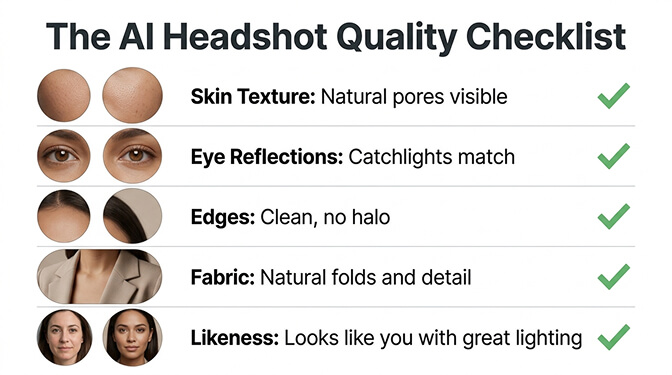 Visual checklist showing what to inspect in an AI headshot including skin texture eye reflections edge quality and clothing details