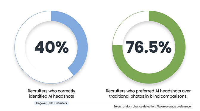 Infographic showing recruiter AI headshot detection rates with 38 to 40 percent accuracy compared to 50 percent coin flip baseline