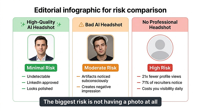 Risk comparison chart showing minimal risk for high quality AI headshot moderate risk for bad AI headshot and high risk for no professional headshot
