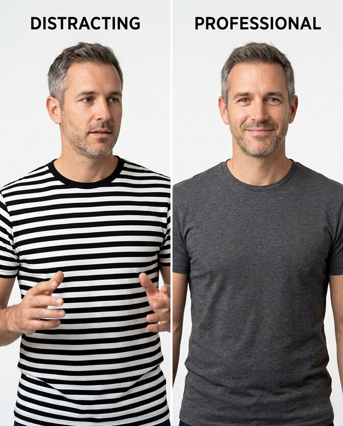 Passport style photo of a person in a bold striped shirt against a white background showing how the repeating high contrast lines compete with the face