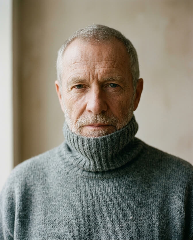 A real unedited photo of an older man in a grey turtleneck against a plain wall in even front light illustrating that passport photos must be real with no AI or filters