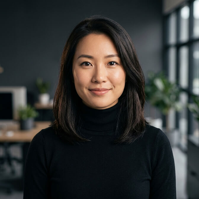 Professional headshot of a woman in a sleek black turtleneck against a softly blurred modern office background showing how a turtleneck reads as confident in a professional photo