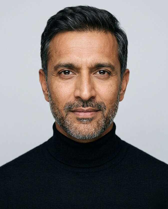 Passport style photo of a bearded man in a slim black turtleneck against a plain light grey background with his full chin and jawline clearly visible above the collar