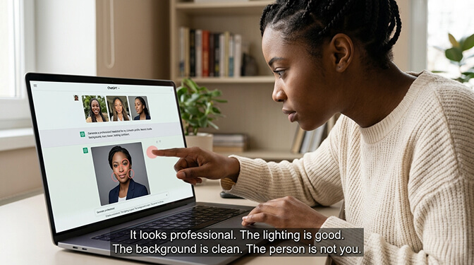 Side by side comparison of a real photo versus ChatGPT generated headshot showing identity mismatch