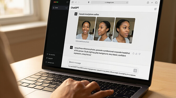 Screenshot of uploading reference photos to ChatGPT and entering a professional headshot prompt