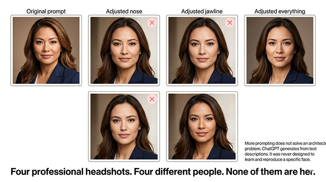 Multiple ChatGPT headshot attempts showing different but consistently inaccurate facial features