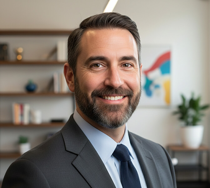 Professional headshot of man with a circle beard combining rounded goatee and connected mustache