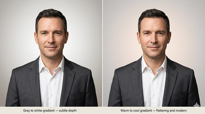 Gradient and abstract corporate headshot backgrounds showing subtle color transitions that add depth without distraction