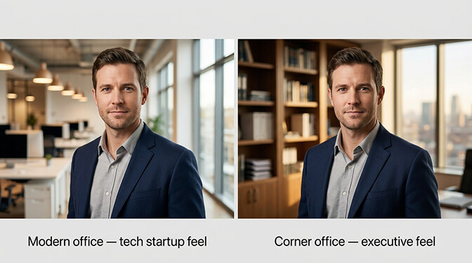 Examples of modern office and environmental headshot backgrounds including blurred coworking spaces glass walls and clean lobbies