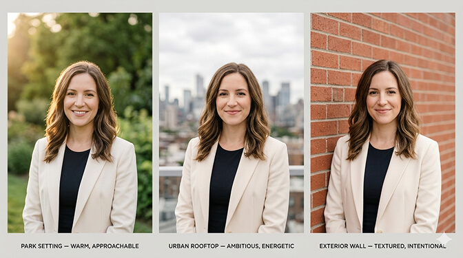 Outdoor corporate headshot background examples including blurred park greenery urban architecture and exterior wall textures