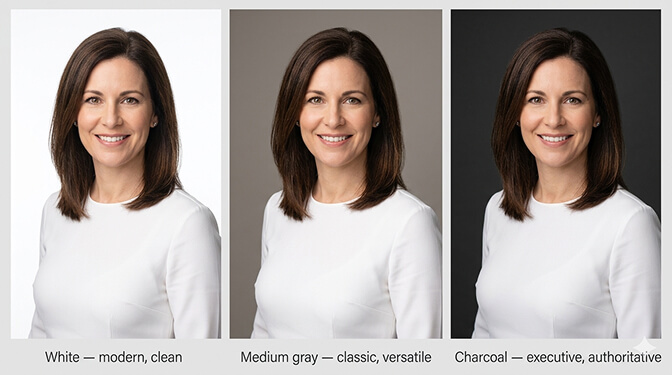 Comparison of solid neutral headshot backgrounds including white light gray medium gray charcoal and navy showing how each affects the mood