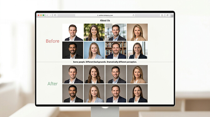 Side by side comparison of a team page with mismatched headshot backgrounds versus one with consistent matching backgrounds