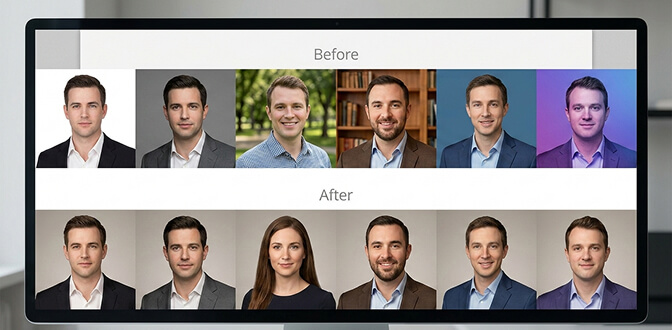 Corporate headshot background options showing solid white light gray medium gray and soft blue backgrounds