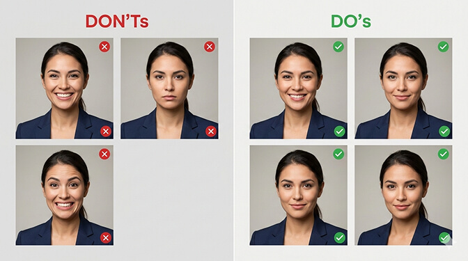 Side by side comparison of good and bad corporate headshot expressions showing forced smile versus natural warmth