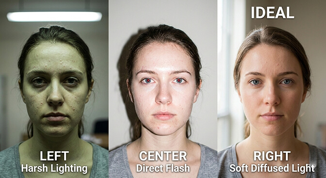 Corporate headshot lighting comparison showing soft diffused window light versus harsh overhead fluorescent lighting