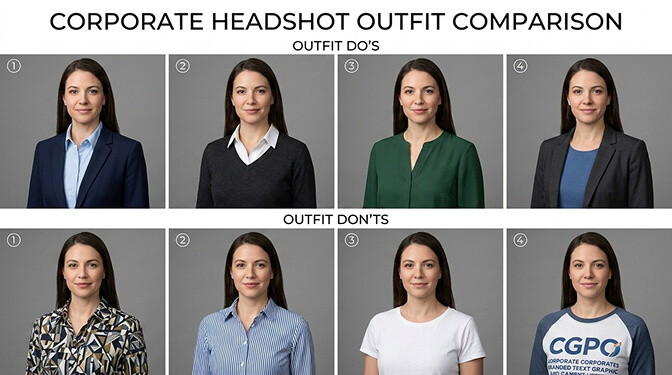Corporate headshot outfit comparison showing solid colors versus busy patterns and proper fit versus ill-fitting clothing