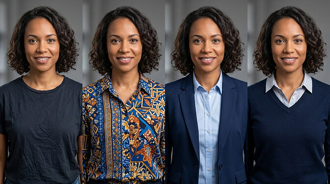 Corporate headshot outfit options showing solid colored blazers collared shirts and structured necklines