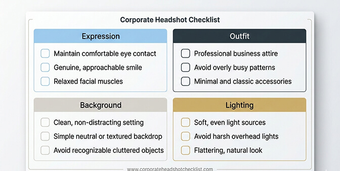 Corporate headshot checklist quick reference showing expression outfit background and lighting guidelines