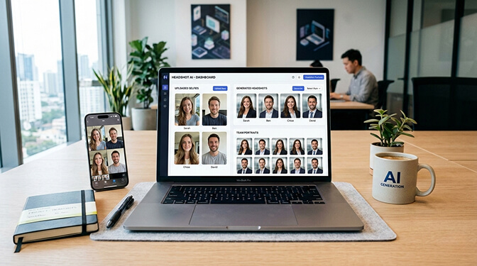 AI headshot generator interface showing casual selfie upload transforming into studio-quality corporate headshot