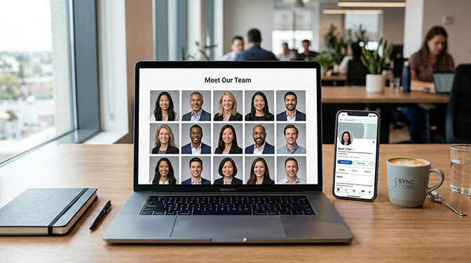 Side by side comparison of corporate headshots from studio photography on-site session and AI generator showing comparable quality