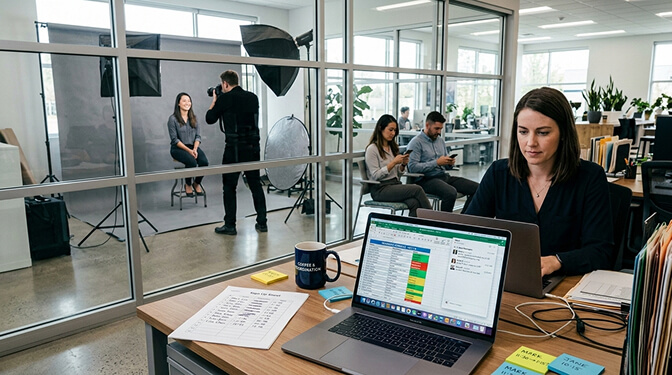 On-site corporate headshot photography session in an office conference room with portable lighting and backdrop