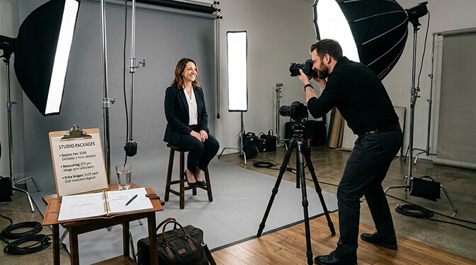 Professional studio headshot setup with lighting equipment backdrop and photographer directing a corporate client