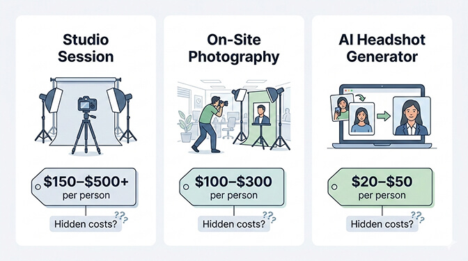 Comparison of three corporate headshot methods showing studio photography on-site photography and AI headshot generator